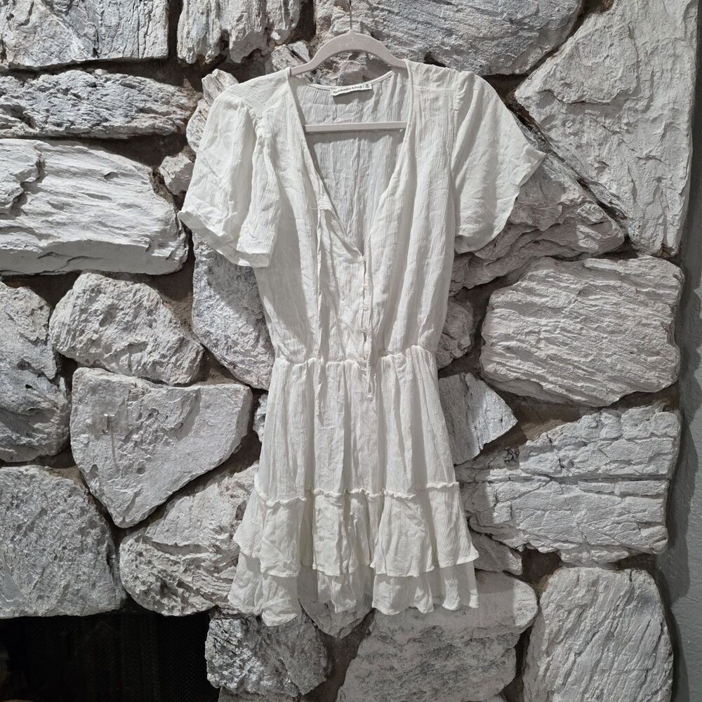Abercrombie & Fitch Polka Dot Mini Dress Ruffle White V Neck Vacay Women's M